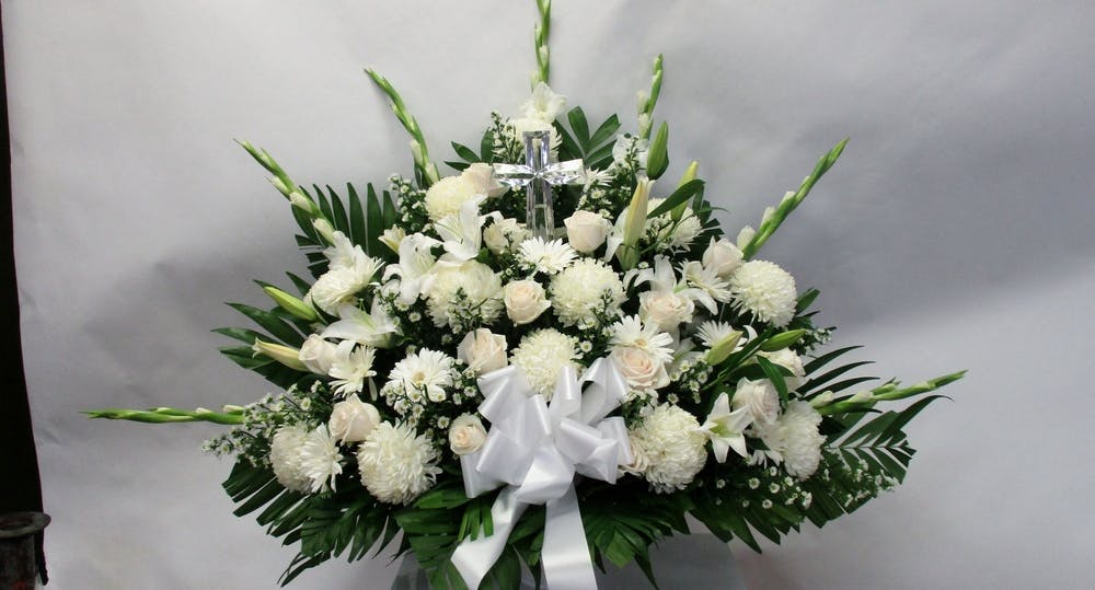 All White Crystal Cross Staten Island (NY) Sympathy Flowers Moravian Florist