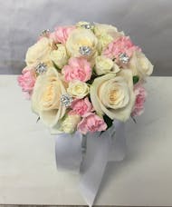 Fresh White Roses with Pink Mini Carns & Rhinestone
