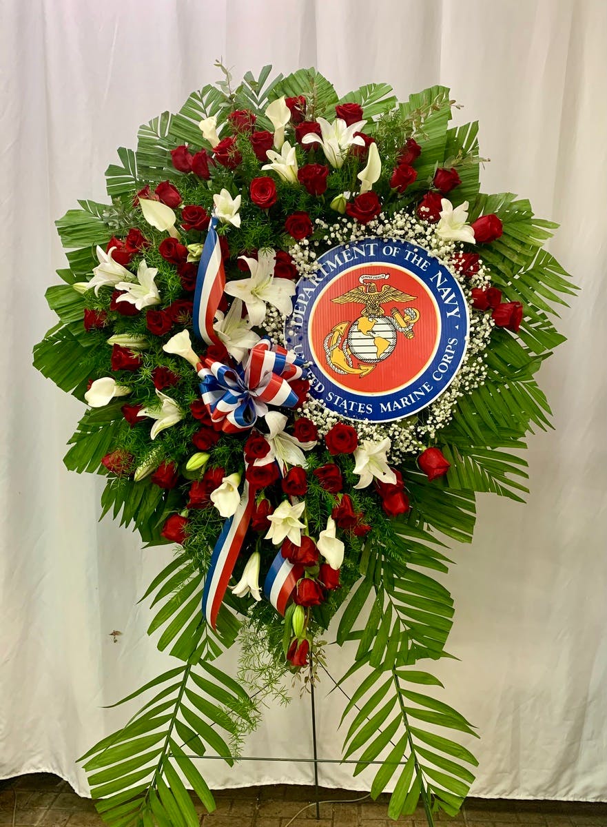 Rose and Lily Military service wreath Staten Island (NY) Sympathy Flowers Moravian Florist