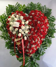 Heart of red carnations w/white rose overlay