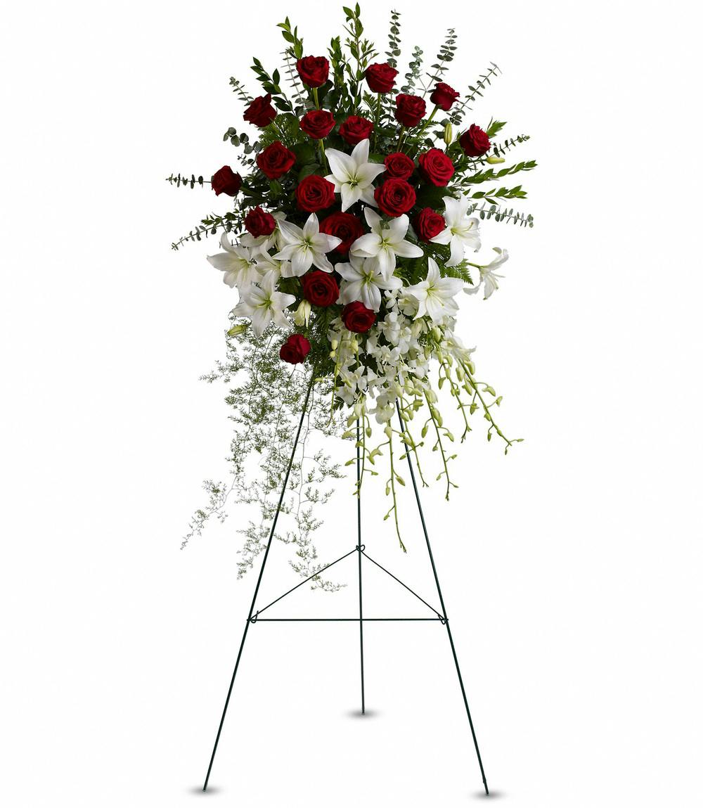 Red and White Lily & Rose Tribute Staten Island (NY) Sympathy & Funeral Flowers Moravian Florist