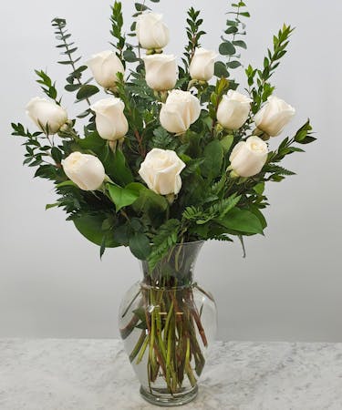 One Dozen Roses, Any Color + Vase | Moravian Florist